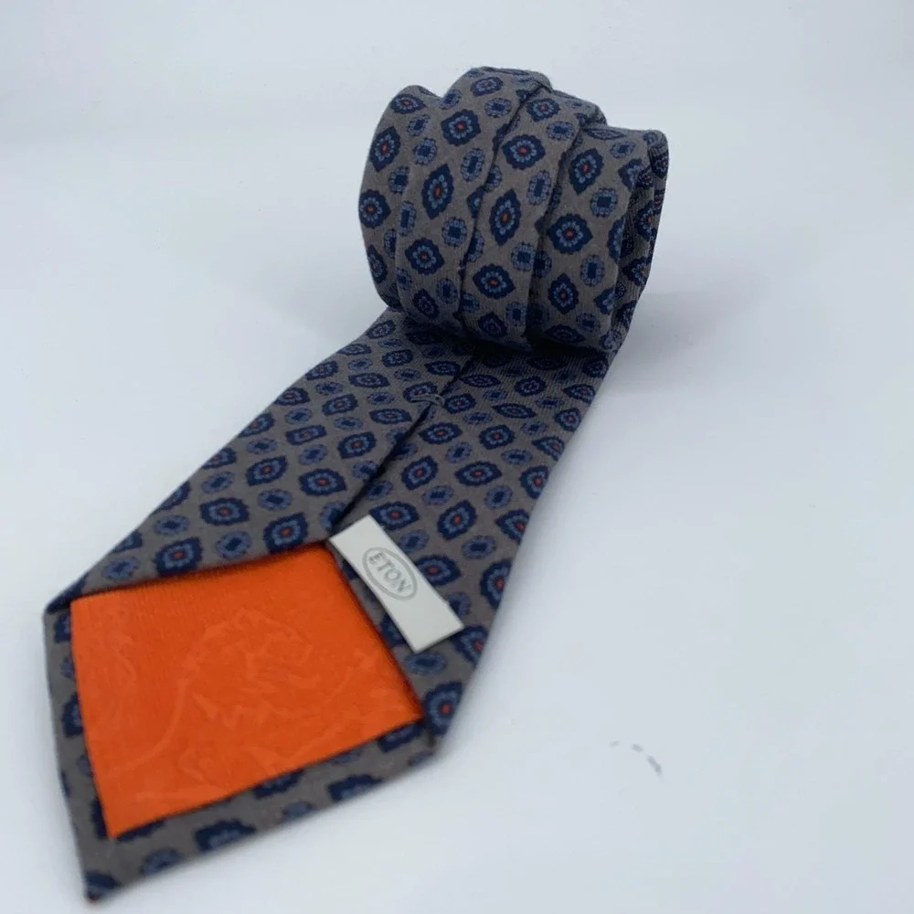 Eton Tie Mens One Size‎ Gray Blue Patterned Wool Classic Necktie Italy Made